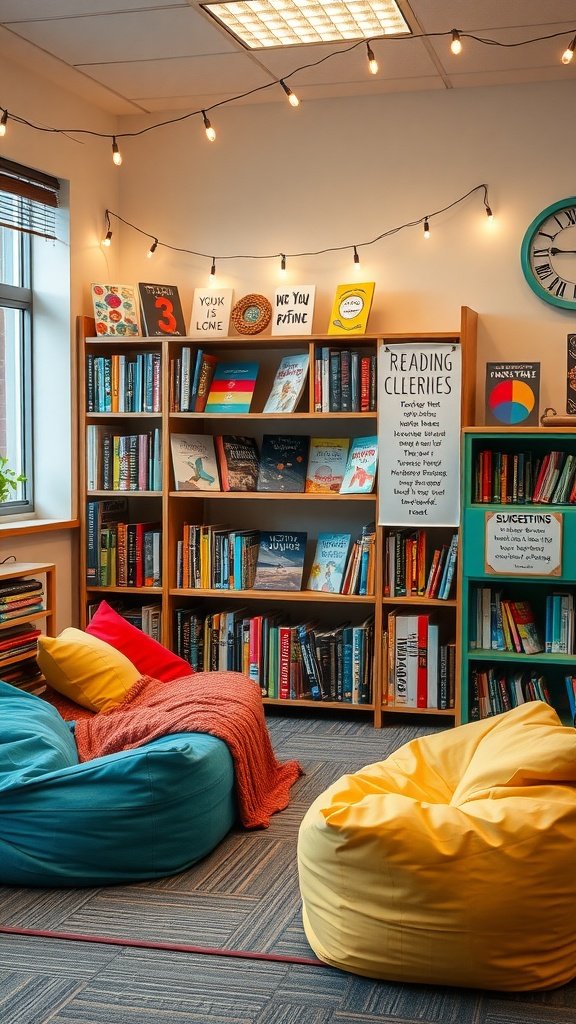 A cozy classroom reading corner with bean bags, a bookshelf filled with colorful books, and warm string lights.
