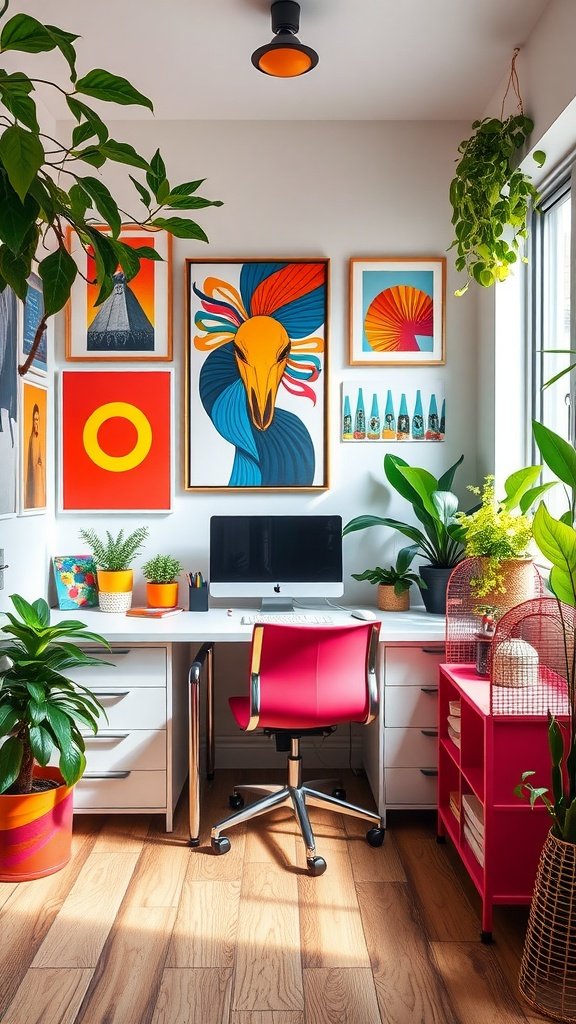 A vibrant home office with colorful decor, plants, and a bright red chair