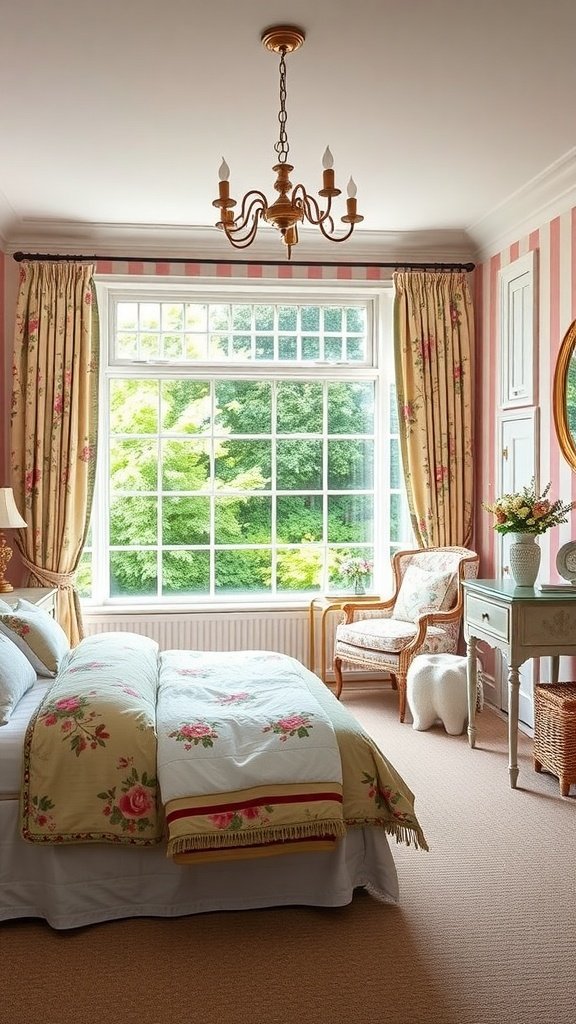 Cozy master bedroom with floral prints and chintz fabrics, showcasing a countryside aesthetic.