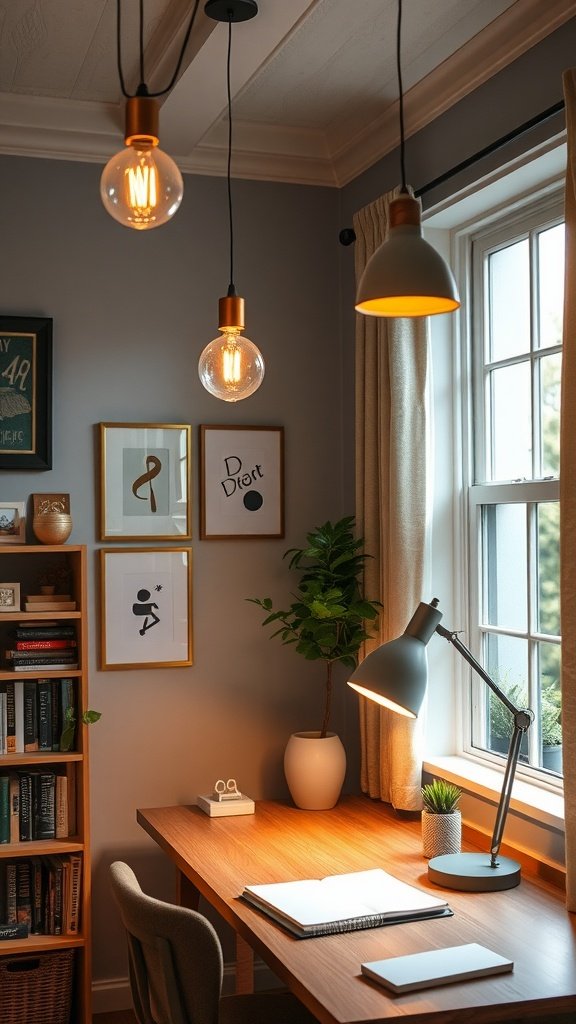 Cozy small home office with warm lighting, pendant lights, a desk lamp, and a view of a window with natural light.