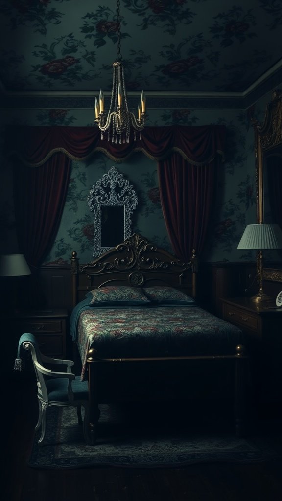 A cozy goth bedroom featuring dark floral wallpaper, an ornate bed, a chandelier, and antique furniture.