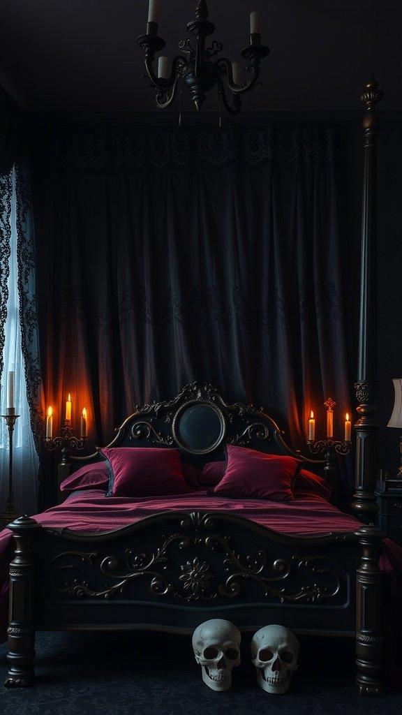 Gothic bedroom featuring a black ornate bed with red bedding, candles, and skull decorations