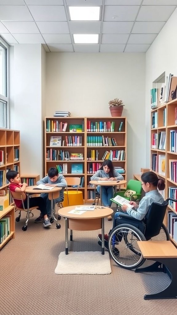A cozy classroom reading corner with students reading, including a student in a wheelchair.
