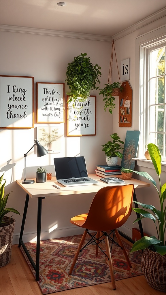 A bright and cozy workspace with a laptop, orange chair, and inspiring quotes on the wall.