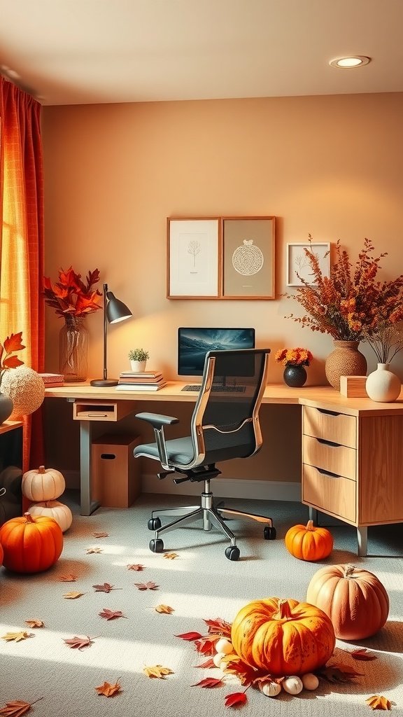 A cozy fall-inspired home office featuring a modern desk, ergonomic chair, fall decorations, and warm lighting.