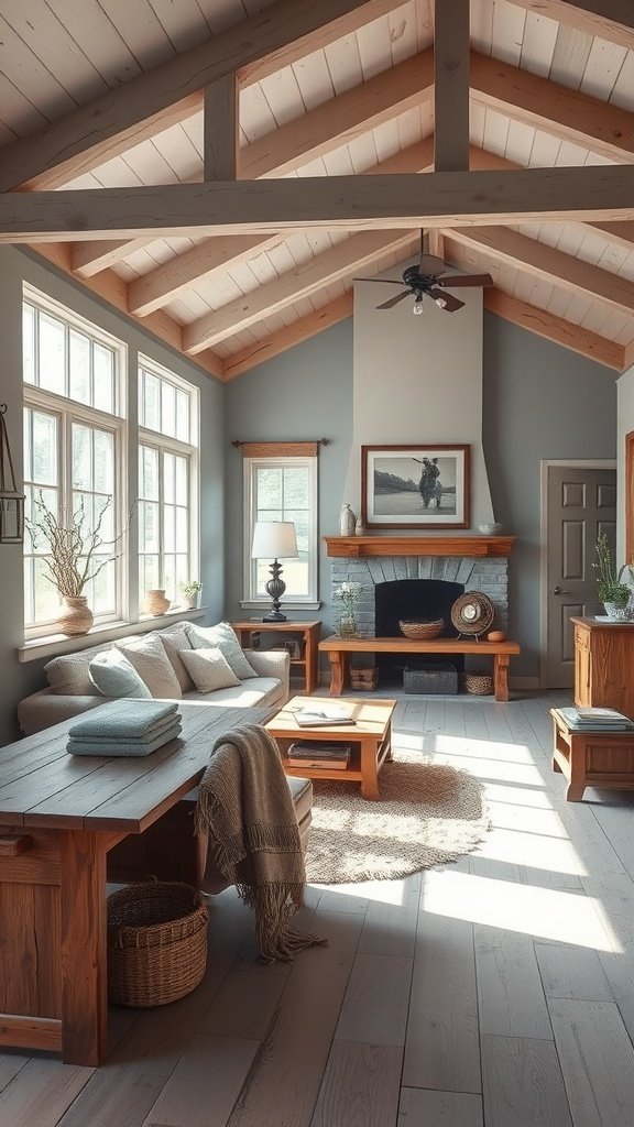 Living room with light gray walls, wooden beams, and cozy furniture