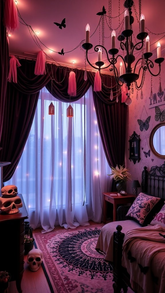 Ethereal whimsy goth bedroom with soft lighting, velvet curtains, and gothic decor.