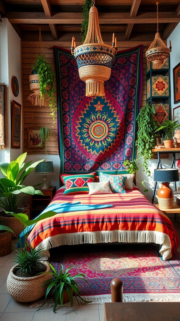 A vibrant boho bedroom with colorful decor, plants, and artistic elements.