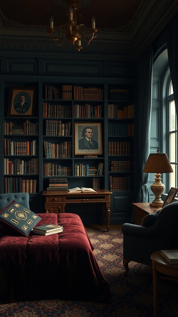 A Dark Academia bedroom featuring a velvet bedspread, dark bookshelves, and classic portraits