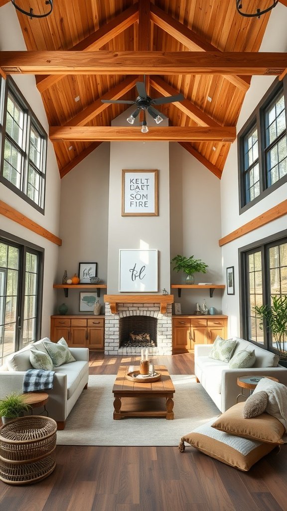 A modern farmhouse living room featuring exposed wooden beams, light sofas, and a cozy fireplace.