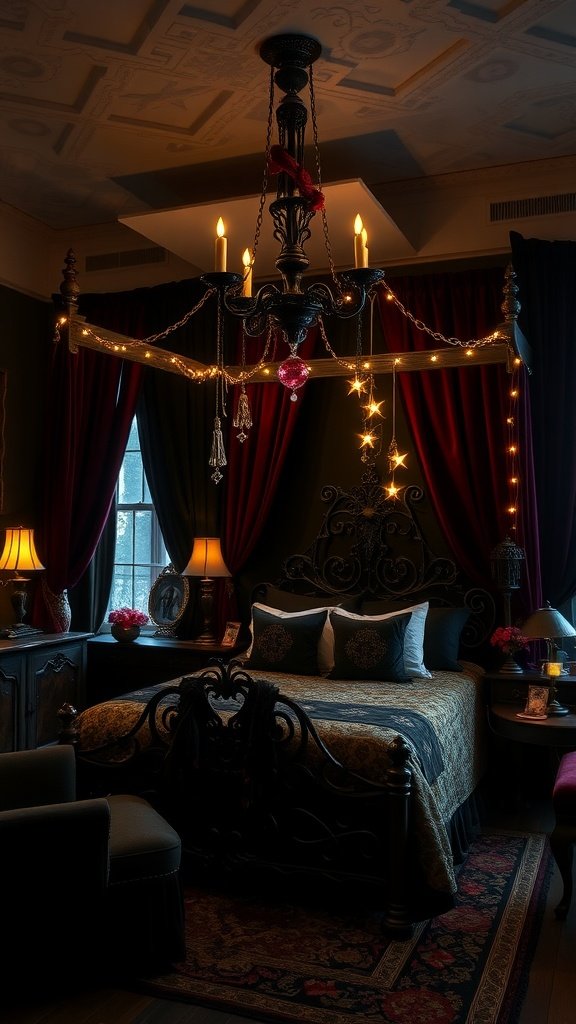 A dimly lit Gothic bedroom with a black ornate bed, a chandelier with candles, and dark red curtains.