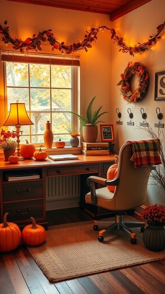 A cozy home office decorated for fall with pumpkins, warm lights, and autumn leaves.