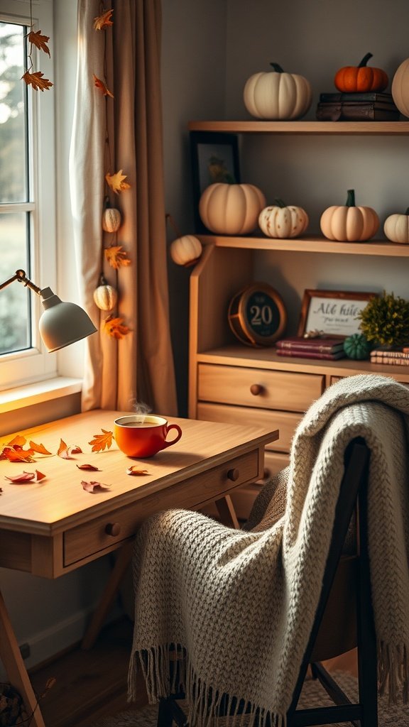A cozy fall home office with a wooden desk, a steaming cup of coffee, a knitted blanket, and decorative pumpkins.