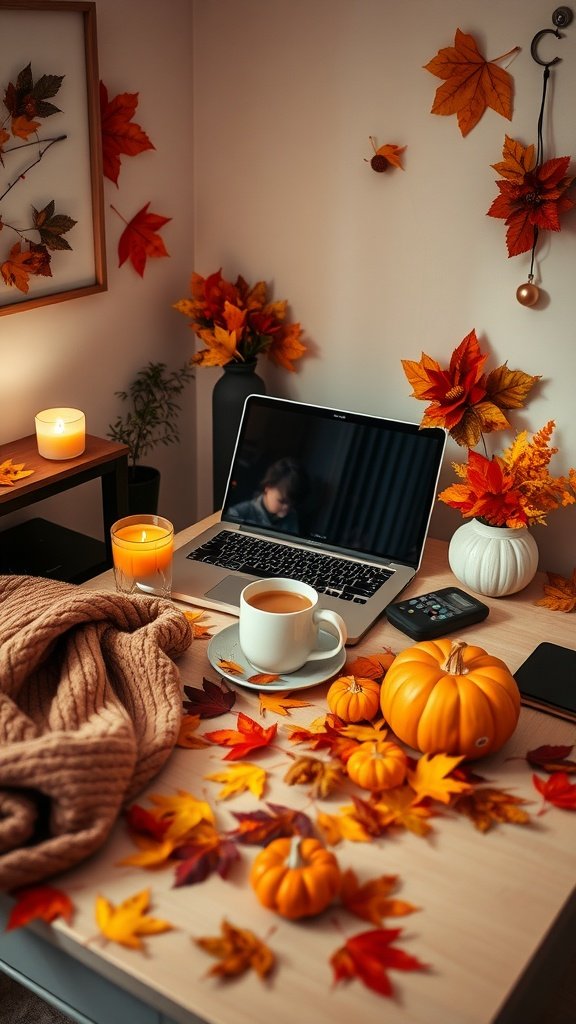 A cozy fall home office setup with pumpkins, colorful leaves, a warm blanket, and a laptop.