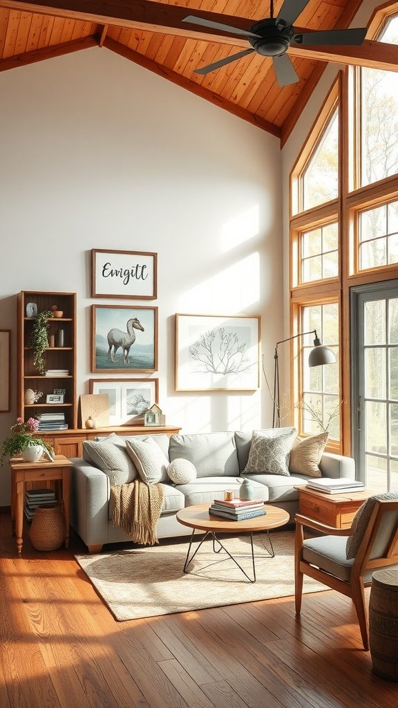 A bright farmhouse living room featuring large windows, a gray sofa, wooden furniture, and various framed artworks on the walls.