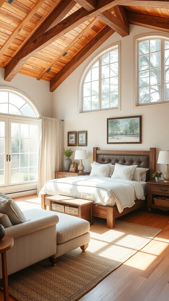 Cozy master bedroom featuring rustic beams, large windows, vintage accents, and a comfortable seating area.