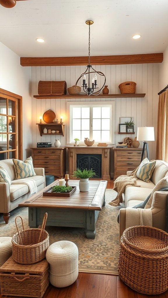 A cozy farmhouse living room featuring light sofas, a rustic coffee table, and woven baskets.