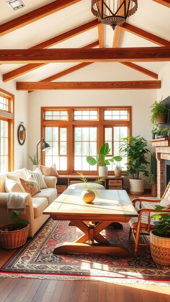 A cozy farmhouse living room with wooden beams, large windows, a wooden coffee table, and plants.