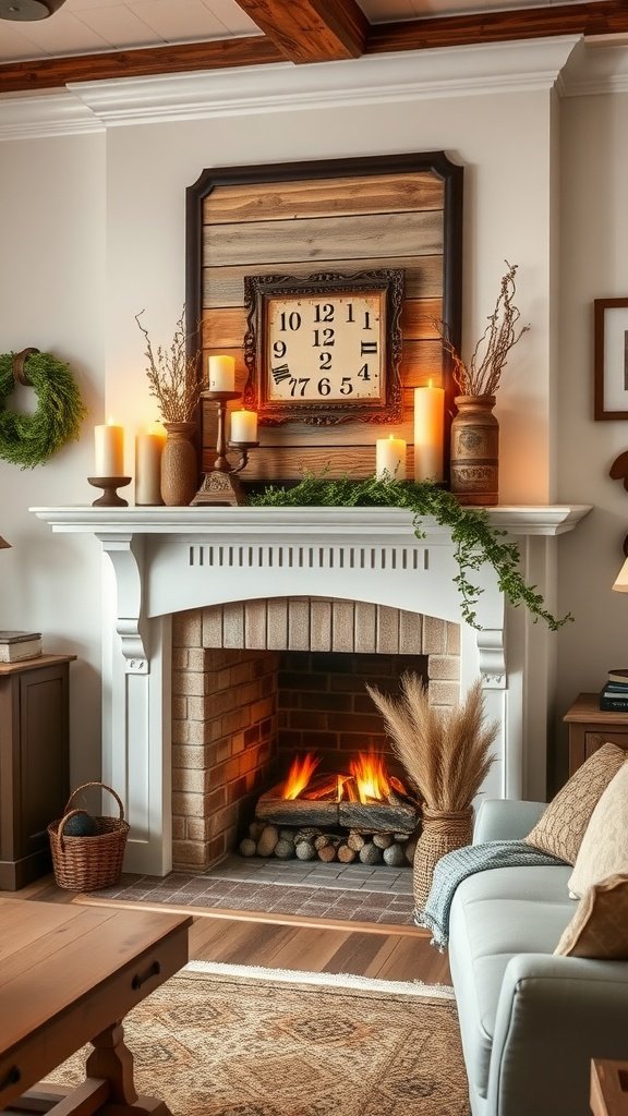 A cozy farmhouse living room with a rustic fireplace mantel decorated with candles, a clock, and natural elements.