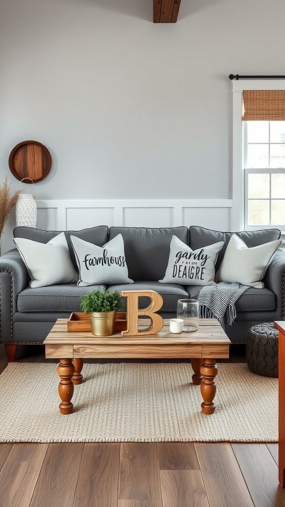 A modern farmhouse living room featuring a grey sofa with decorative pillows and a rustic coffee table.