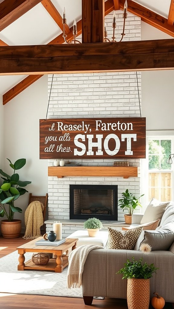 A modern farmhouse living room featuring a wooden sign with inspirational quotes above a fireplace