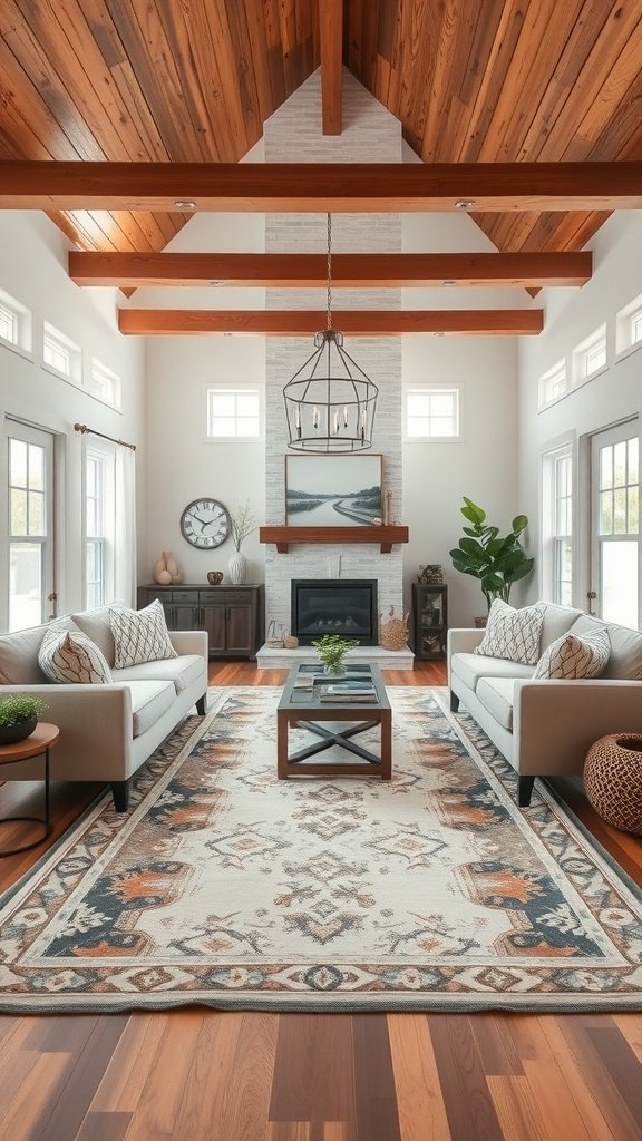 Modern farmhouse living room with a stylish area rug, wooden beams, and cozy seating.