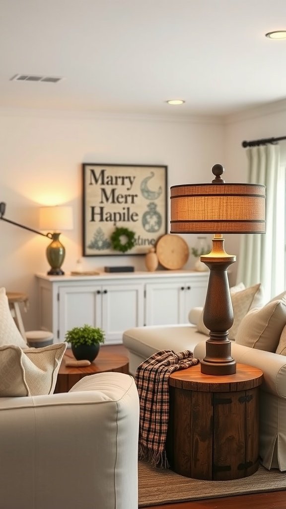 A cozy farmhouse living room featuring a stylish table lamp with a wooden base and a soft lampshade, surrounded by comfortable furniture.