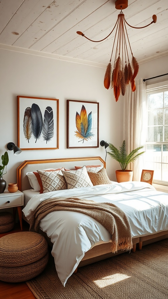 A cozy Boho themed bedroom featuring feather art decor on the wall, showcasing detailed feather artwork in earthy tones.