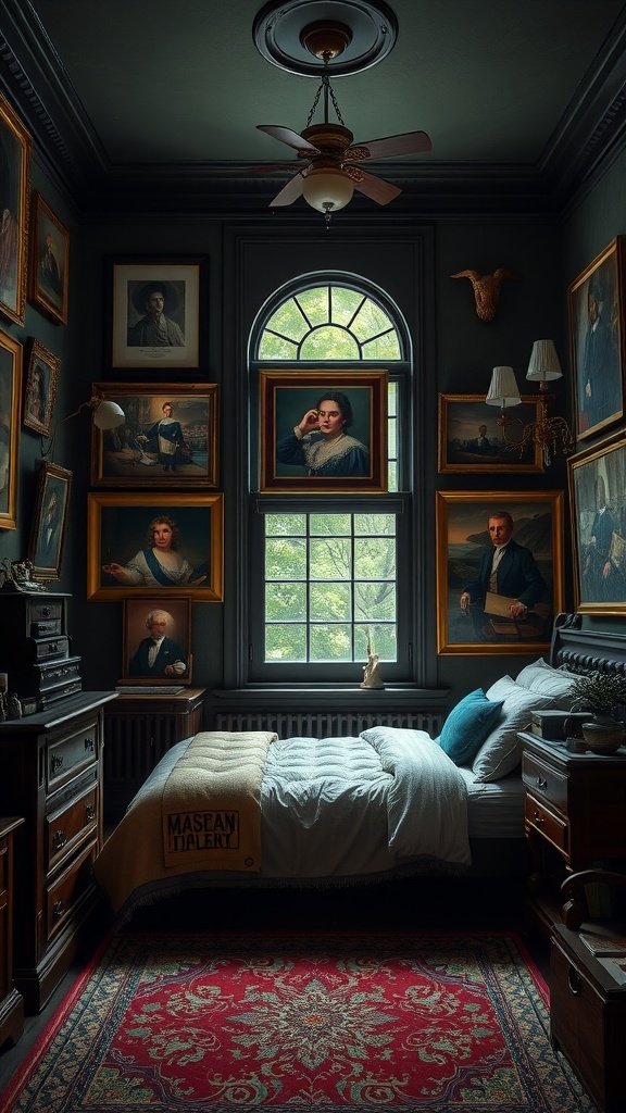 A cozy bedroom filled with vintage art pieces framed on dark walls, featuring a bed and wooden furniture.