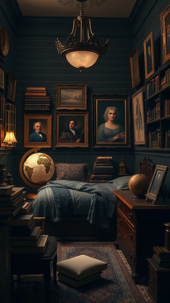 A cozy Dark Academia bedroom filled with antiquities, featuring a bed, vintage globe, books, and framed portraits on dark blue walls.