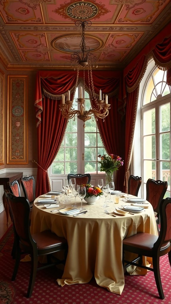 Luxurious Italian dining room featuring rich red curtains, a golden tablecloth, and elegant table settings.