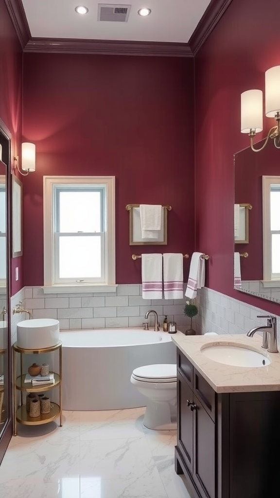 A luxurious bathroom featuring Fine Wine paint by Sherwin-Williams, showcasing a deep burgundy color on the walls, white subway tiles, and elegant fixtures.