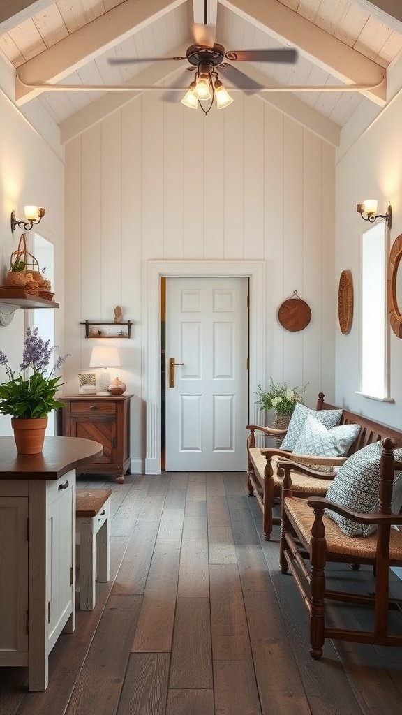 A bright and airy room featuring soft white walls with a hint of gray, warm wooden floors, and cozy seating.