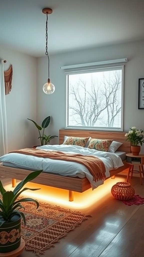 A modern floating bed with underlighting in a cozy Boho bedroom setting.