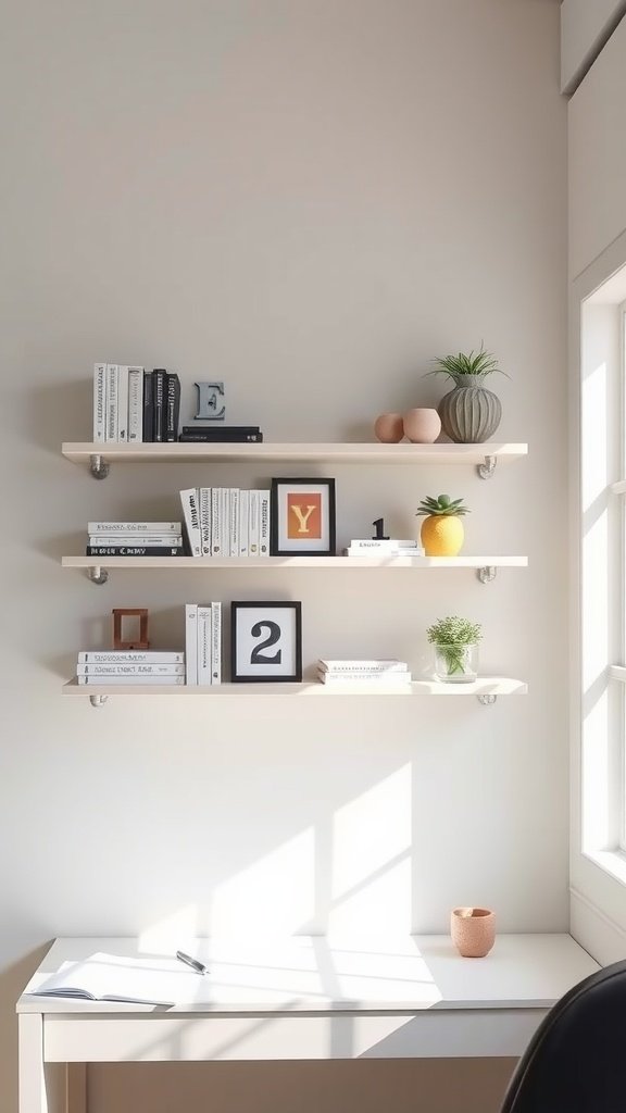 A minimalist home office with floating shelves displaying books and plants.