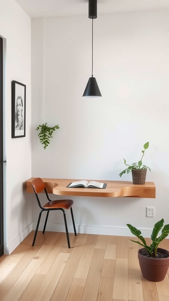 A floating wall-mounted table with a chair, a plant, and a book on it in a minimalist setting.