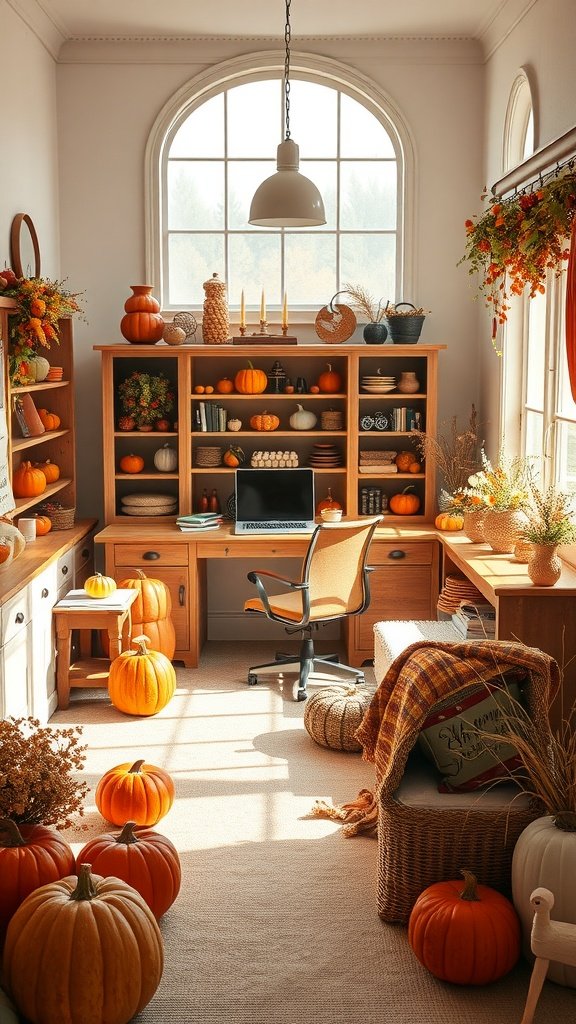Cozy fall home office decorated with pumpkins, flowers, and warm lighting.