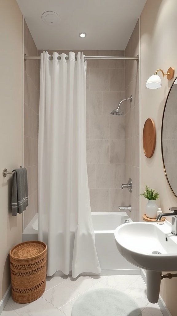 A small modern bathroom featuring a floor-to-ceiling shower curtain.