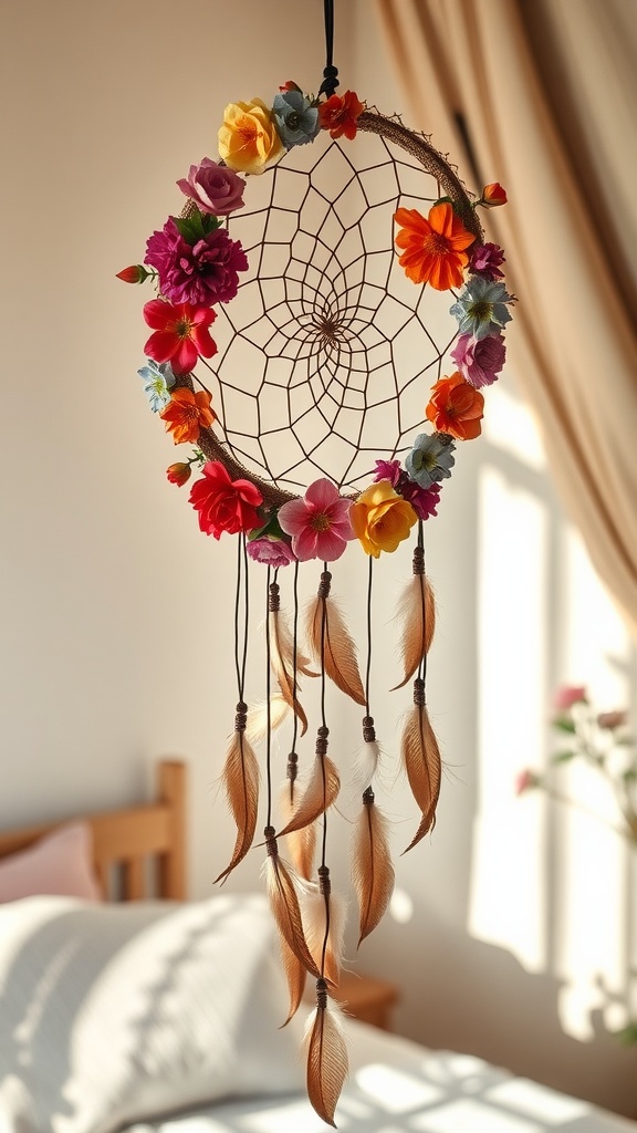 A floral dream catcher with colorful flowers and feathers, hanging in a softly lit bedroom