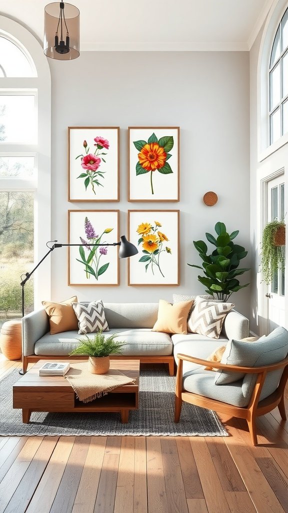 A modern farmhouse living room featuring floral artwork on the wall, a cozy sofa, and plants.