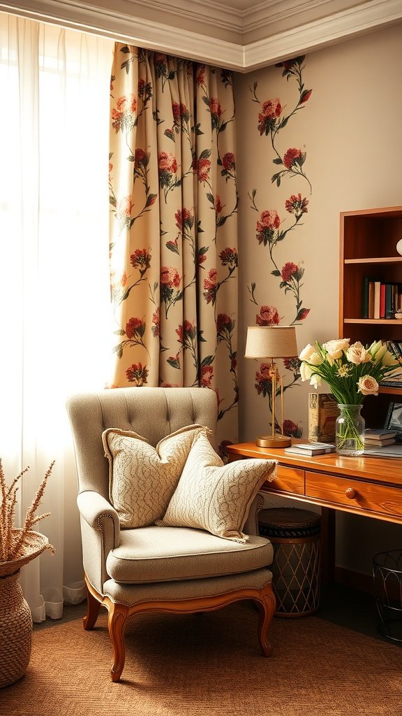 A cozy home office with floral curtains, a soft armchair, and a wooden desk