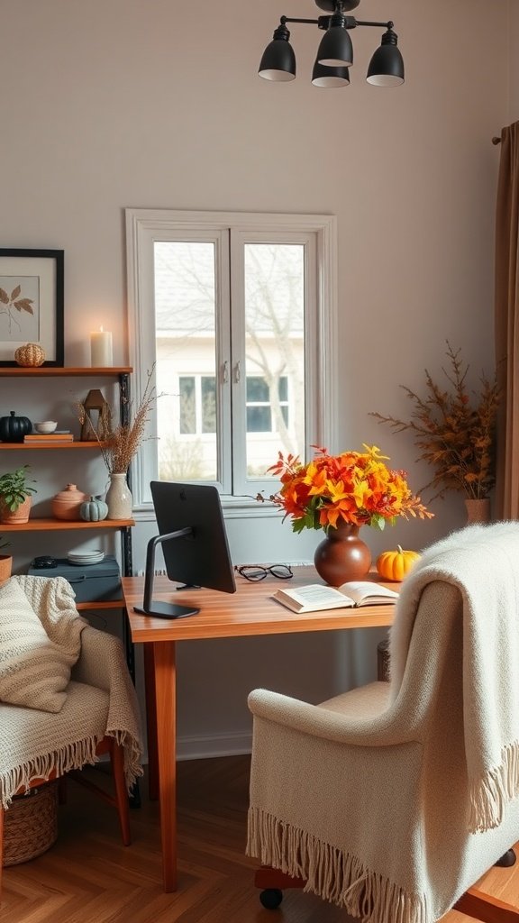 Cozy fall home office with a desk, autumn decor, and warm lighting.