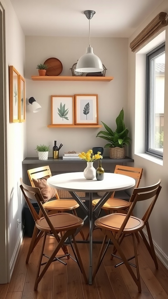A cozy folding expandable dining set in a small dining nook with wooden chairs and a round table.