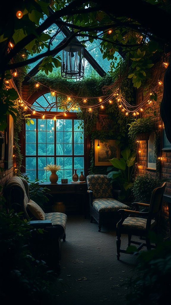 A cozy alcove filled with plants and warm lights, creating a moody atmosphere.