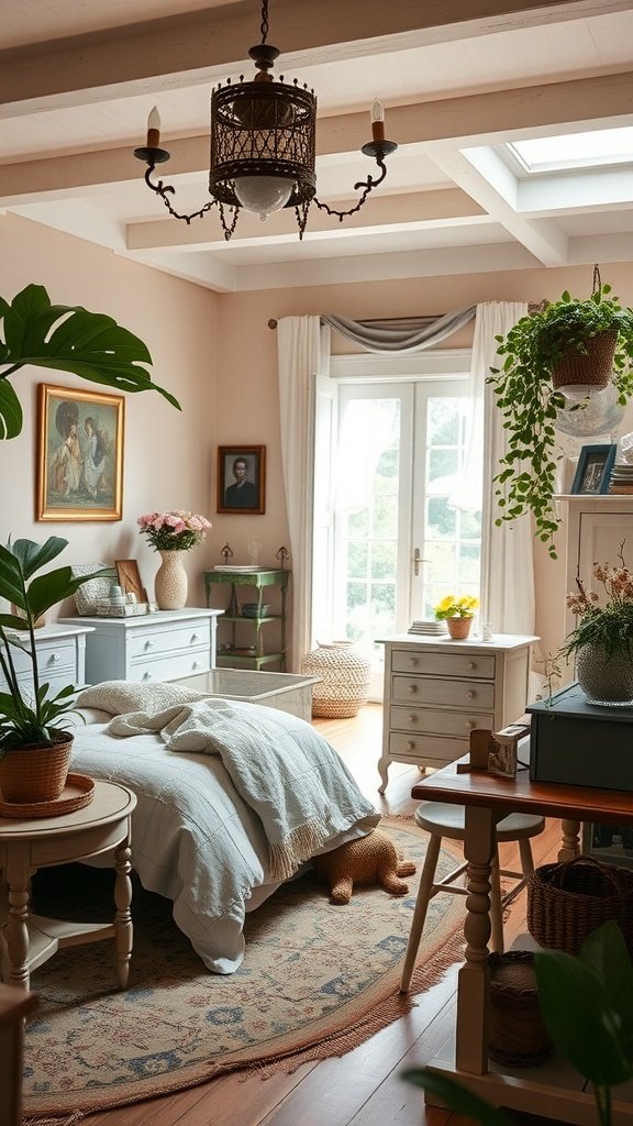 A cozy French Country Boho bedroom featuring a bed, plants, and a chandelier.