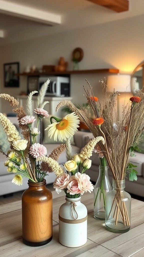 A cozy living room setting with fresh and dried floral arrangements in various vases