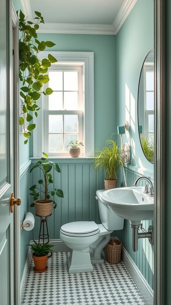 A small bathroom with mint green walls, a white sink, and plants near the window.