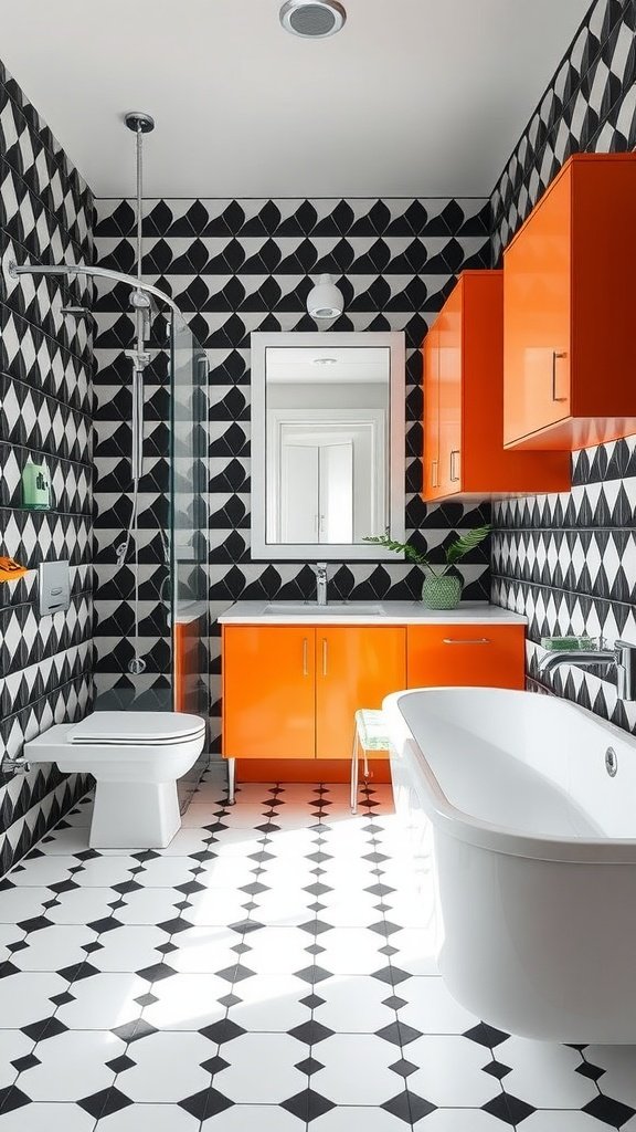 A Scandinavian bathroom featuring black and white patterned tiles, orange cabinets, and a white bathtub.