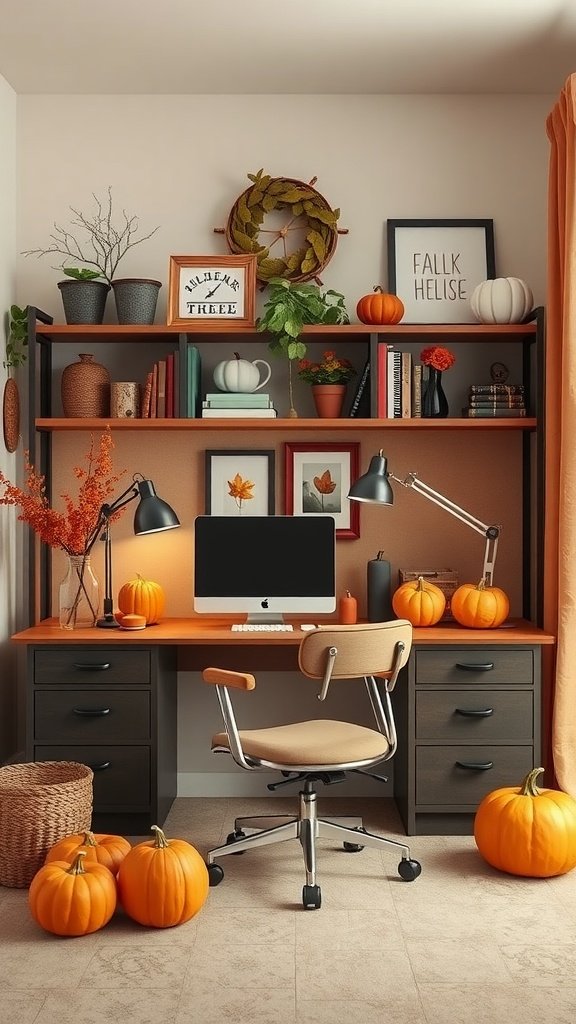 A cozy fall-themed home office with pumpkins, plants, and a warm color palette.