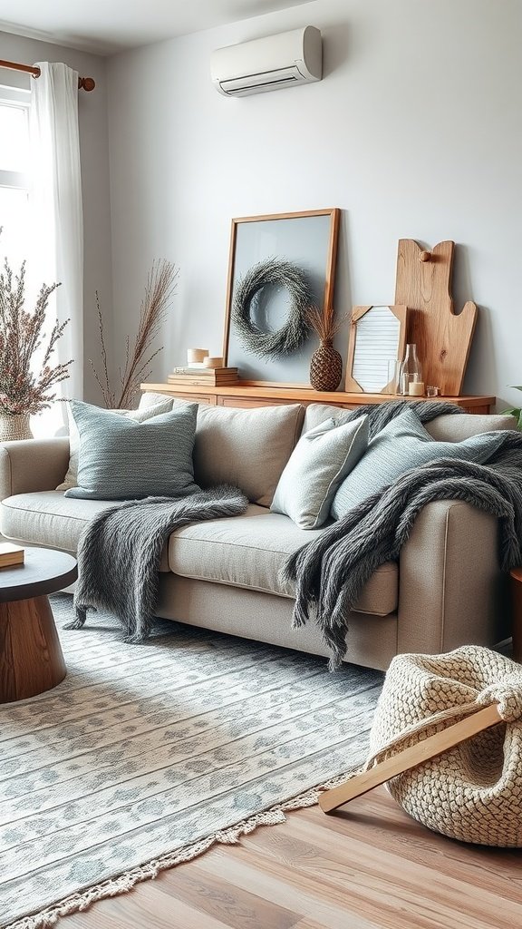 A cozy living room featuring a beige sofa with grey and blue pillows, complemented by a soft fur throw.